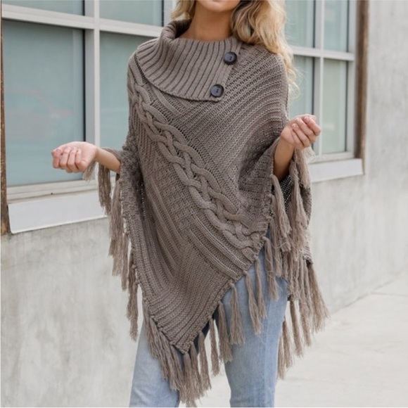 NIP Cozy Mocha Button Detail Tassel Thick Knit Fringe Textured Poncho Sweater OS - Picture 3 of 5
